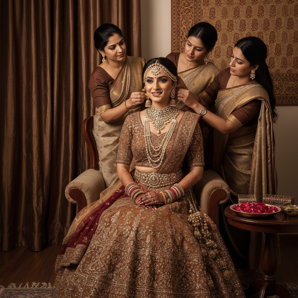 Bridal makeup application in a salon, with warm brown tones